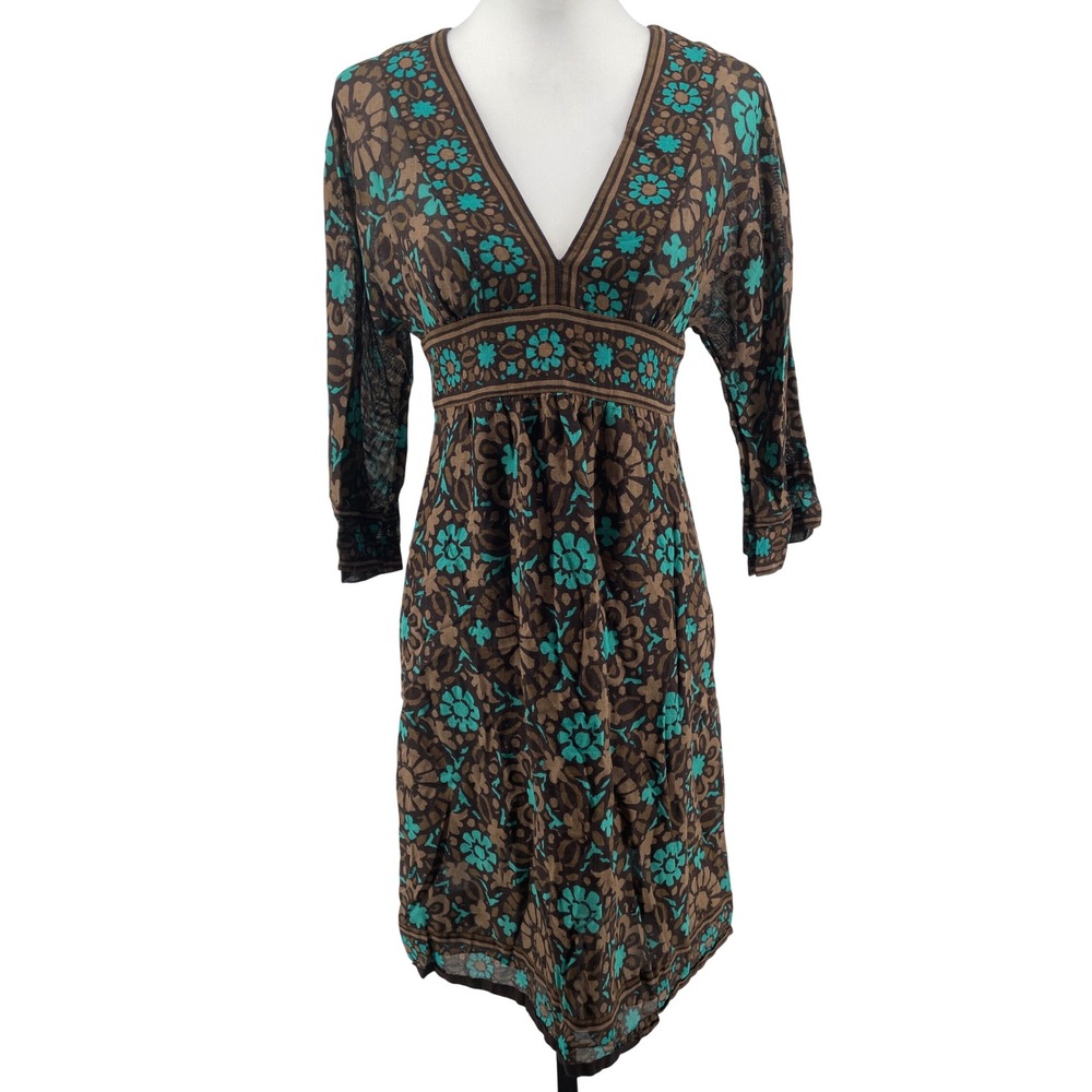 Trina Turk Dress Womens 4 Brown Turquoise Floral 100% Cotton Natural Resortwear